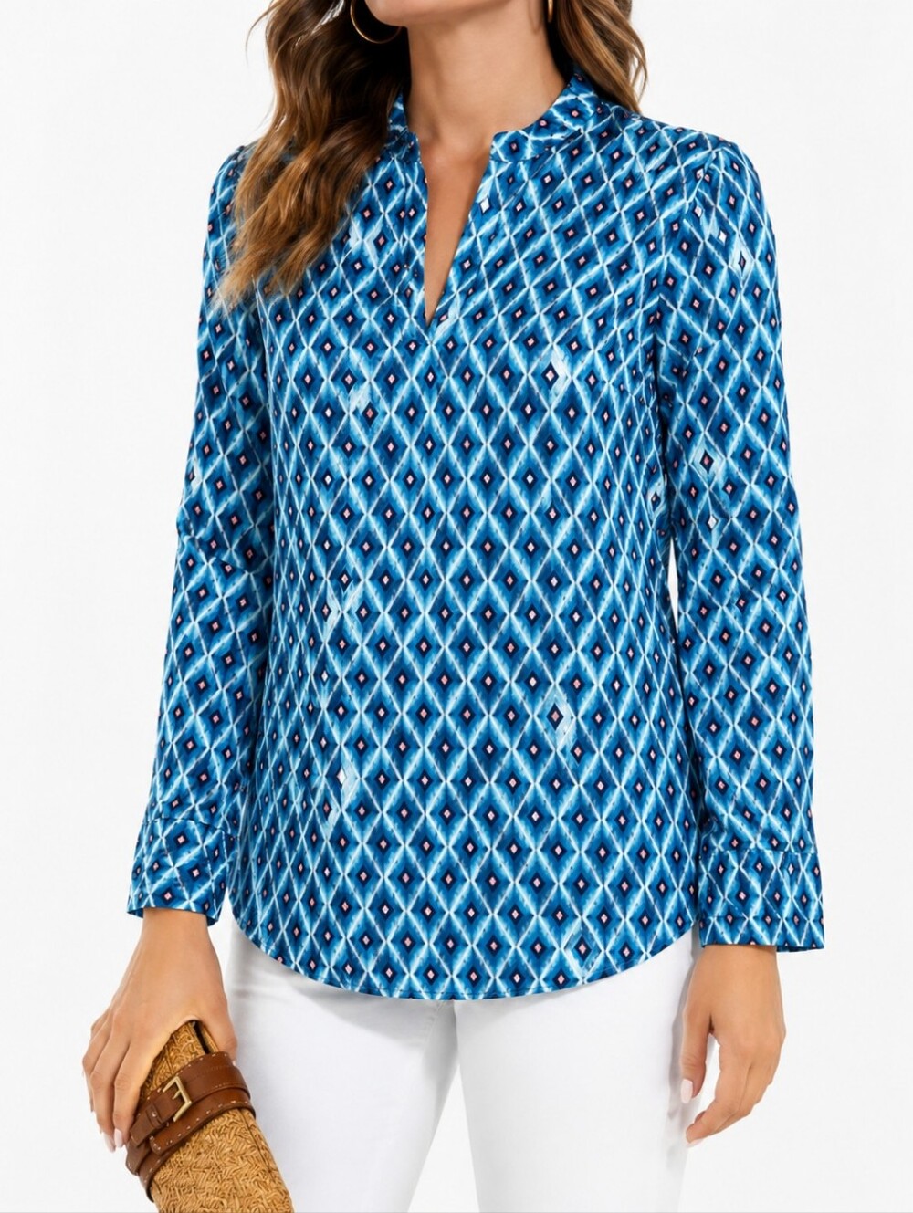 Tory Burch Blue Ikat Geometric Diamond Tunic Top-Mirrored Accents Size 4